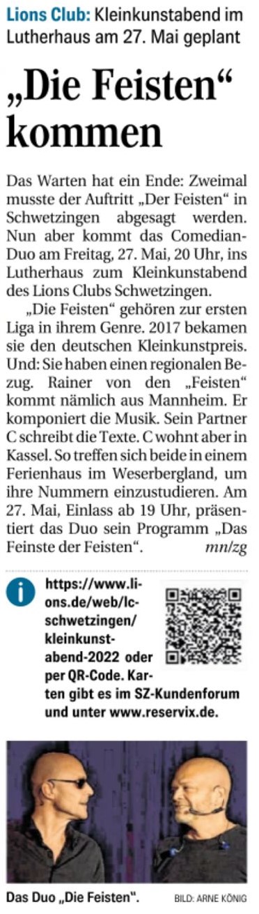 Presseartikel in der Schwetzinger Zeitung, 10.03.2022