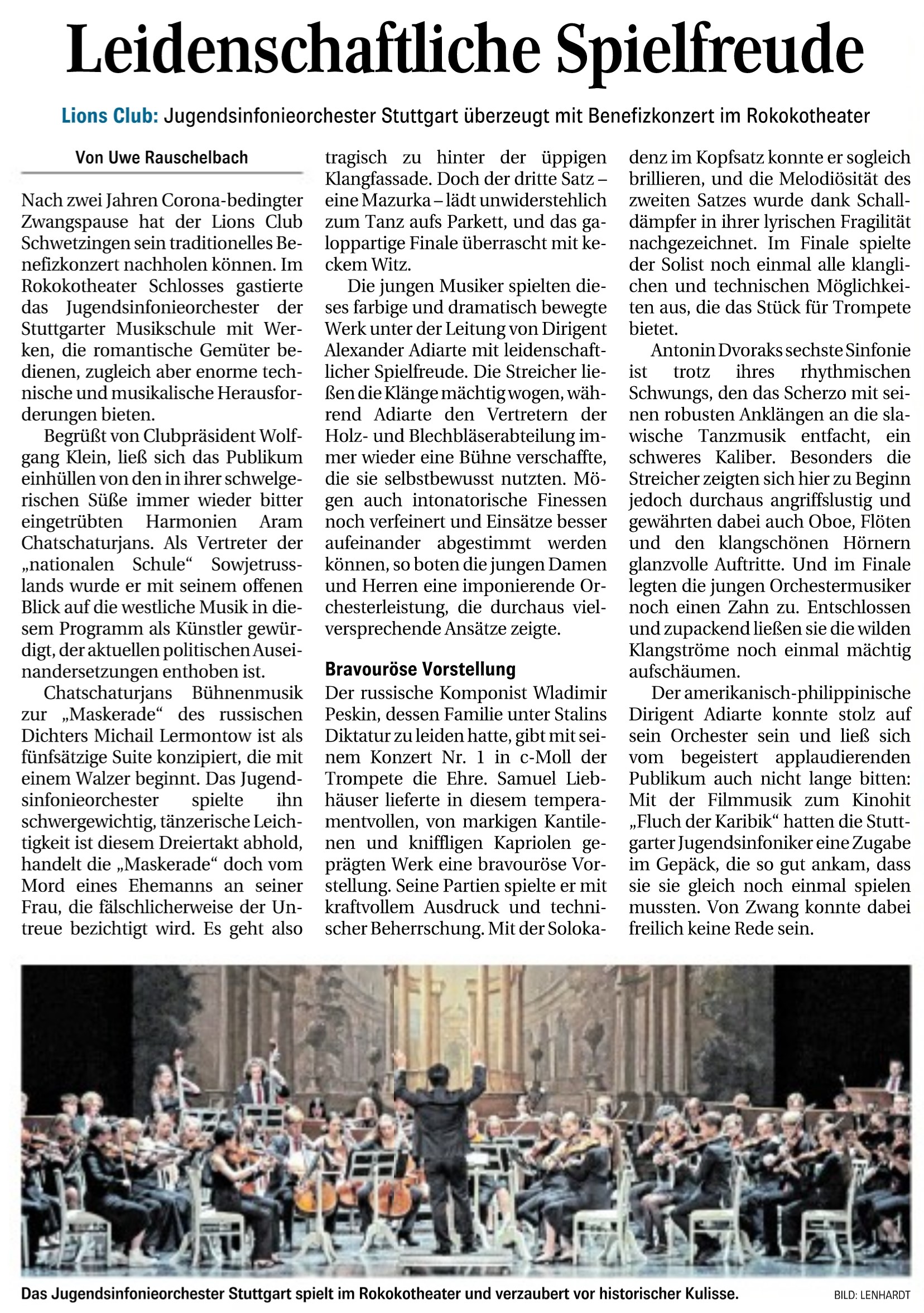 Artikel in der Schwetzinger Zeitung über das Benefizkonzert im Rokokotheater