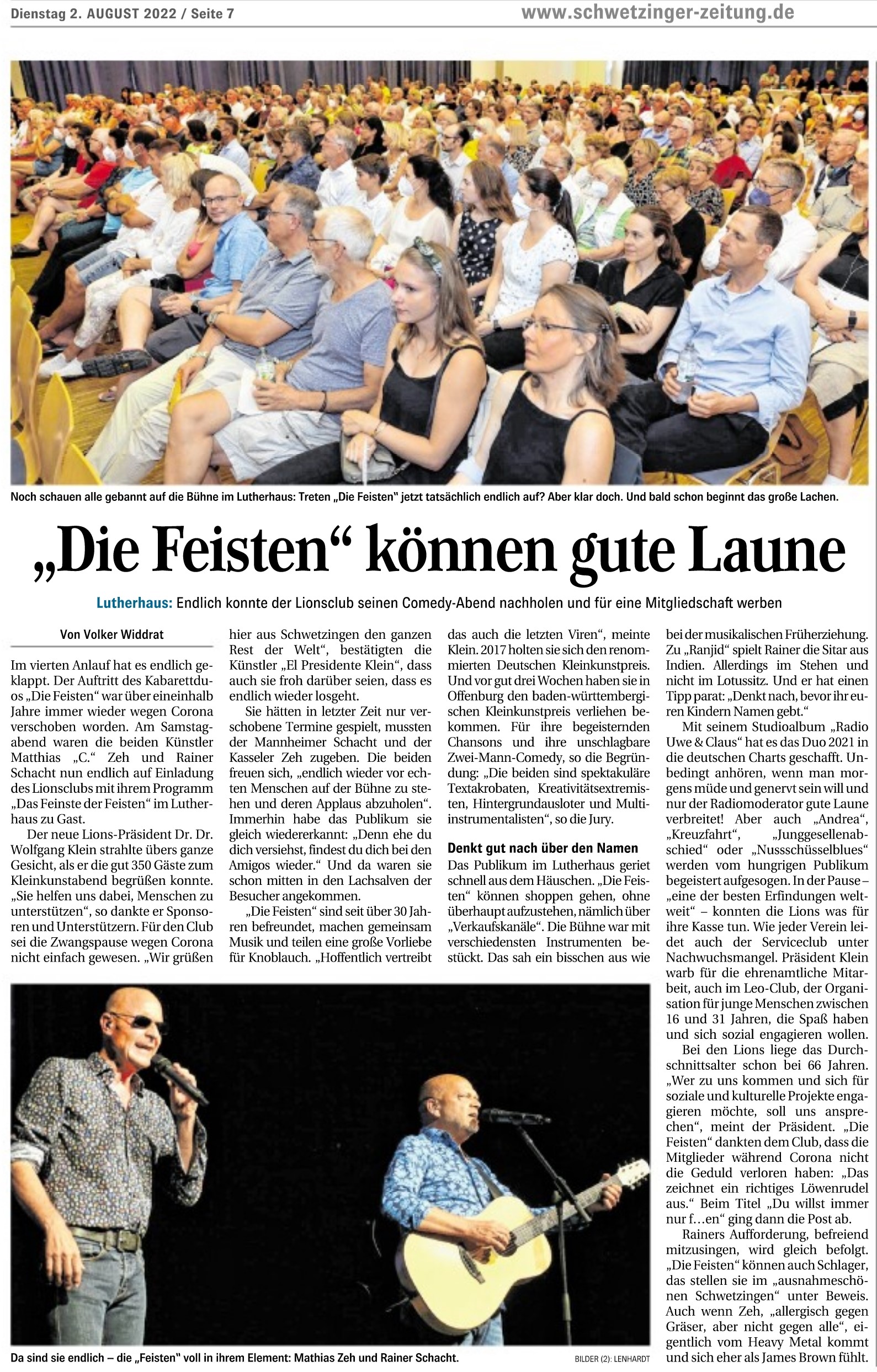 Presseartiekel in der Schwetzinger Zeitung über den Kleinkunst-Abend des Lions Club Schwetzingen